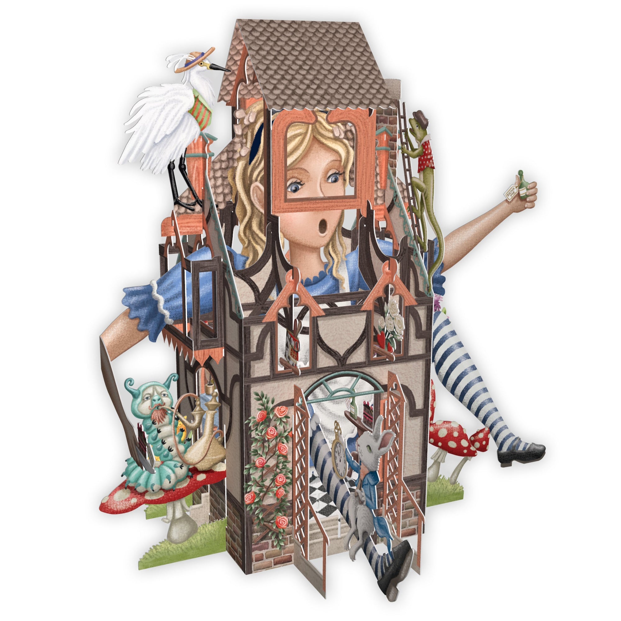 Cardboard cutout of Alice in Wonderland with a house on her head, featuring various elements like a stork, flowers, and a striped leg.