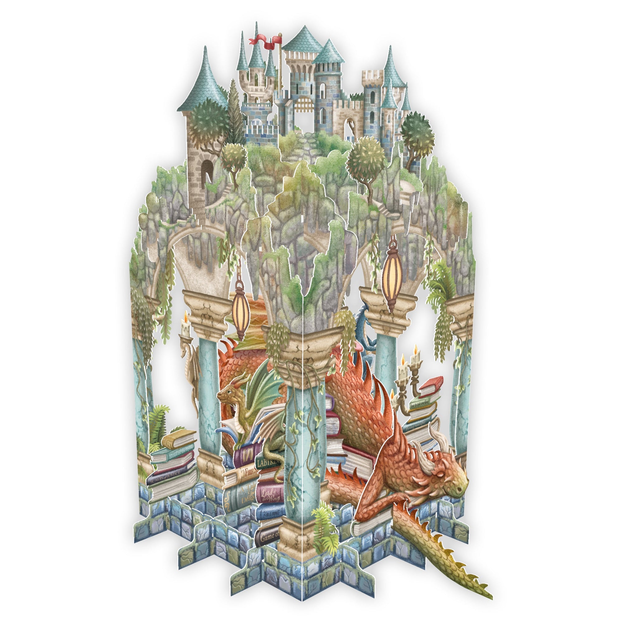 Fantasy castle with dragons and greenery on a white background pop up card