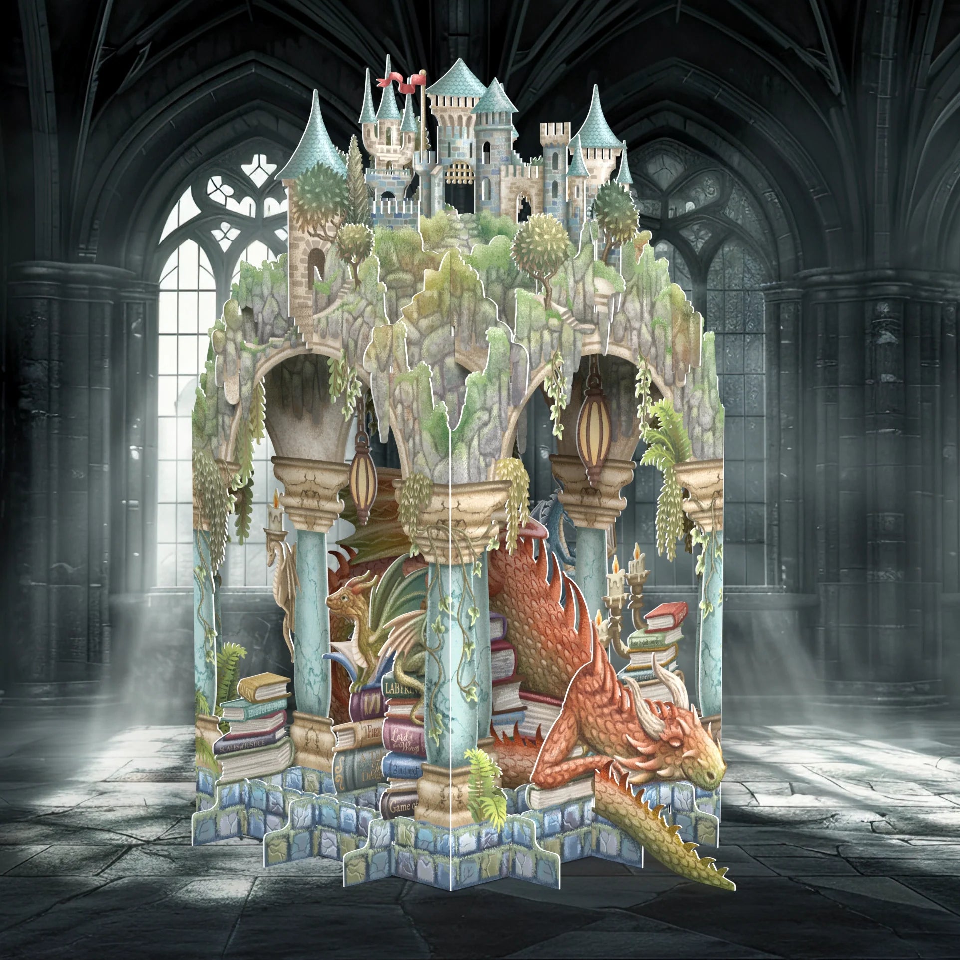 Fantasy castle with dragon in a gothic cathedral setting pop up card