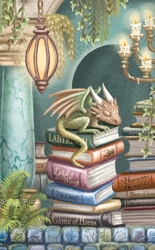 Dragon on a stack of books with a mystical ambiance from tag for pop up card