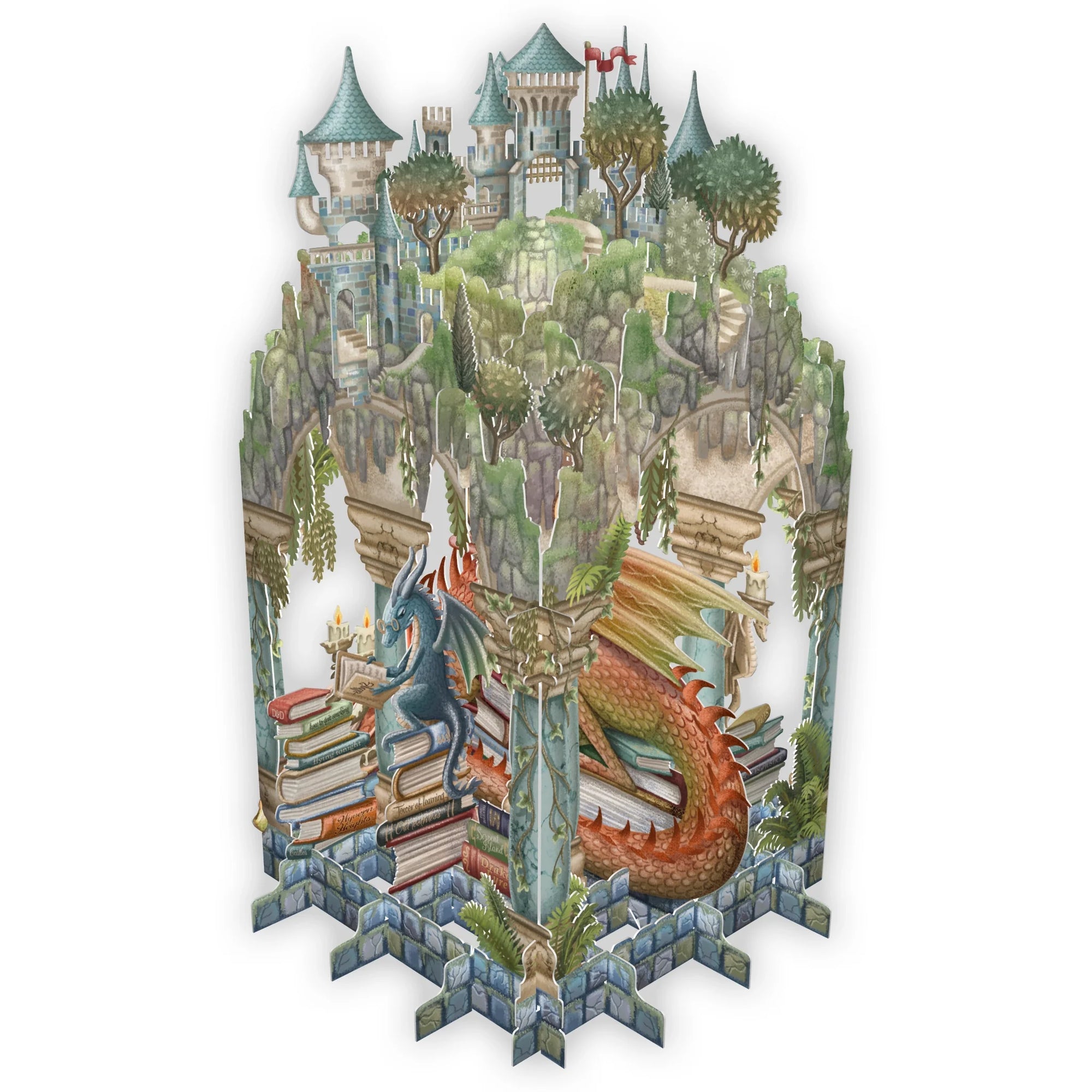 Fantasy castle with dragon and trees on a white background pop up card