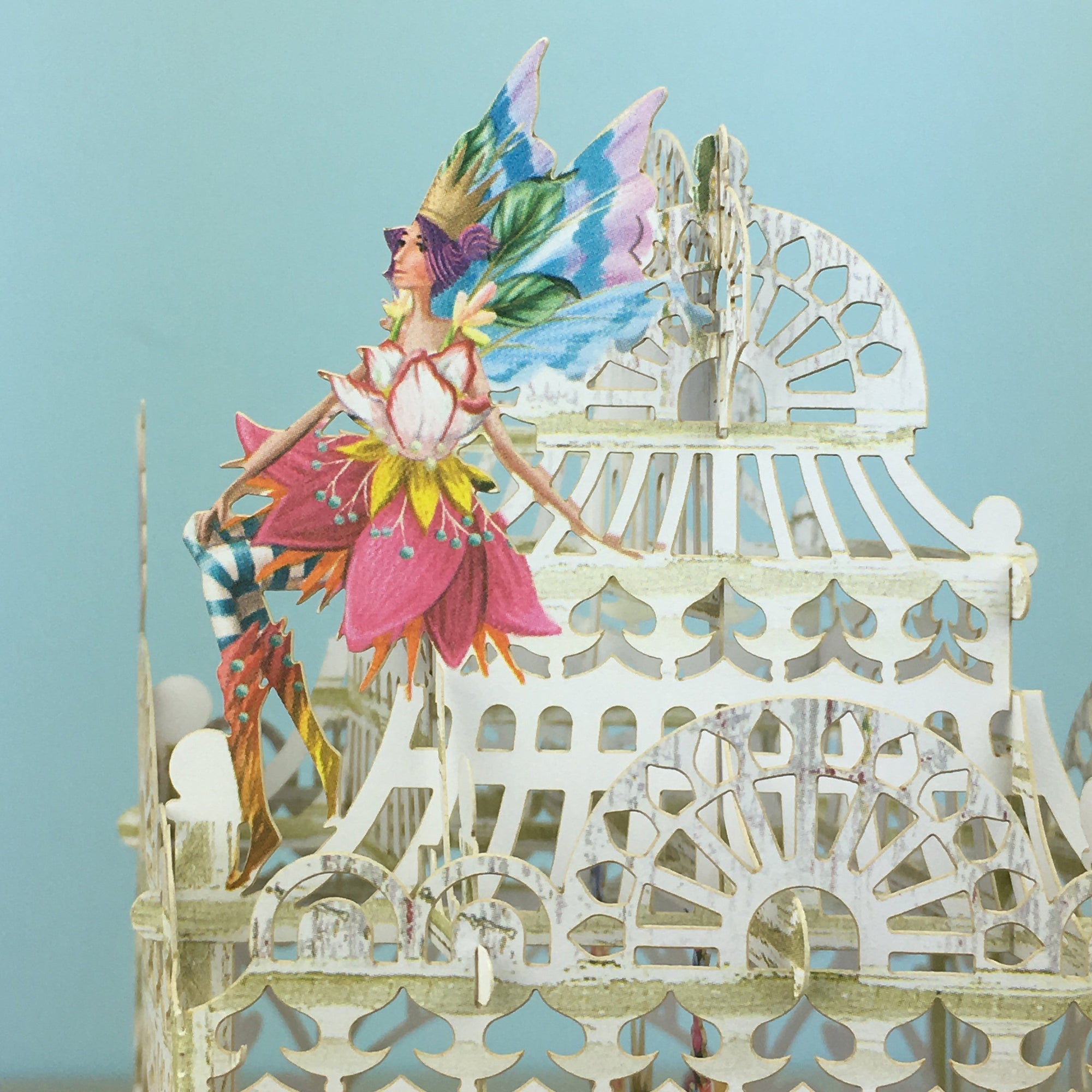 Flower Fairies play amongst flowers in laser cut paper birdcage by Me&amp;McQ