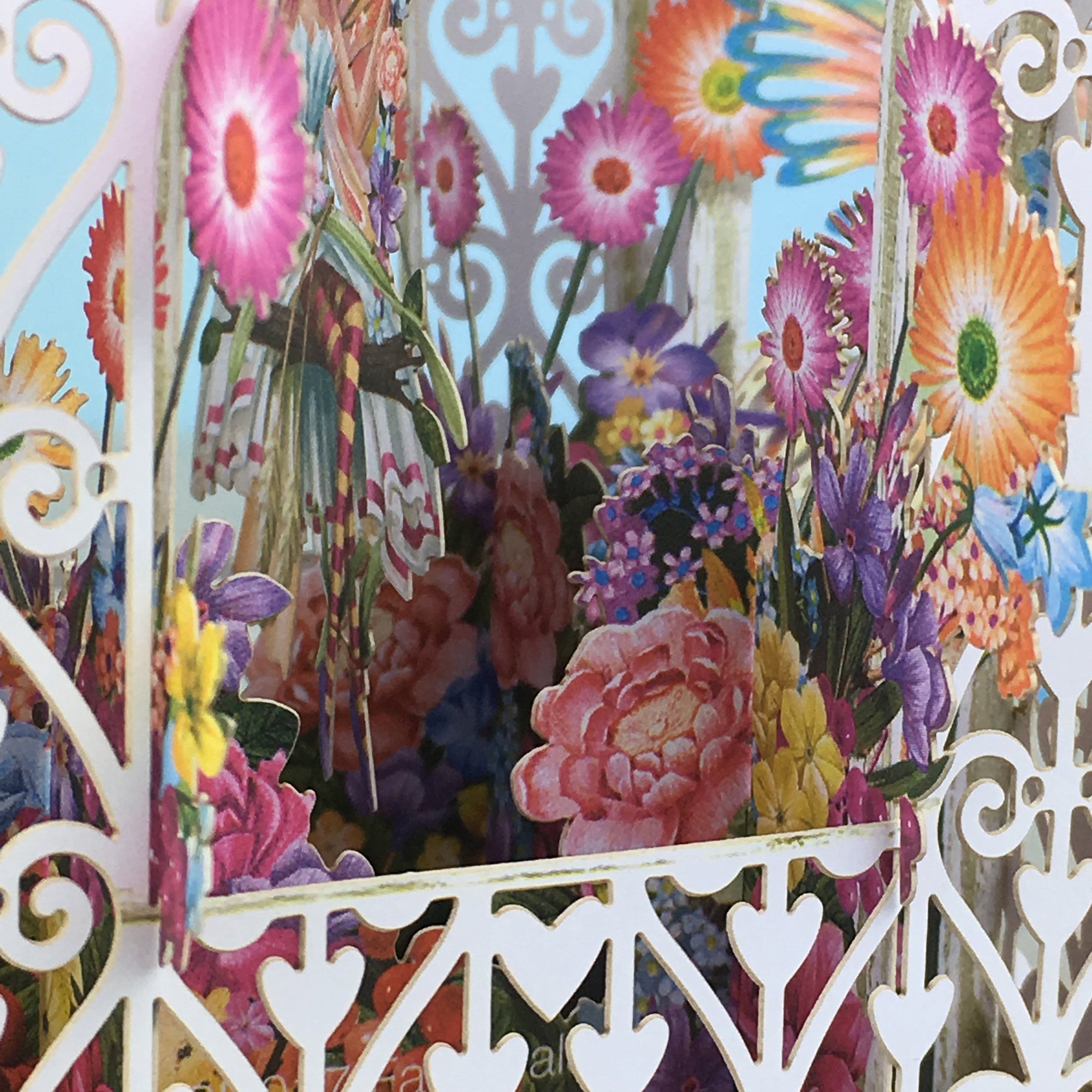 Flower Fairies play amongst flowers in laser cut paper birdcage by Me&amp;McQ